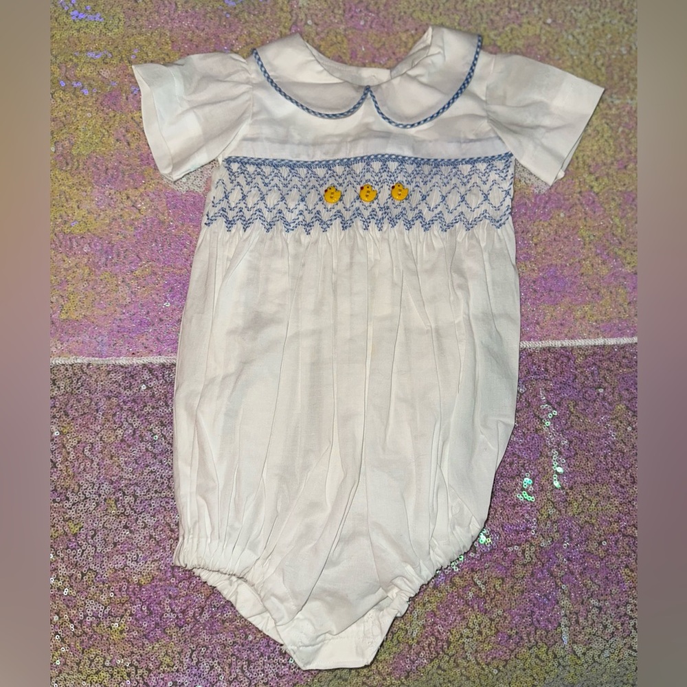 NWOT Custom Smocked Bubble Duck Romper 0-6 Months